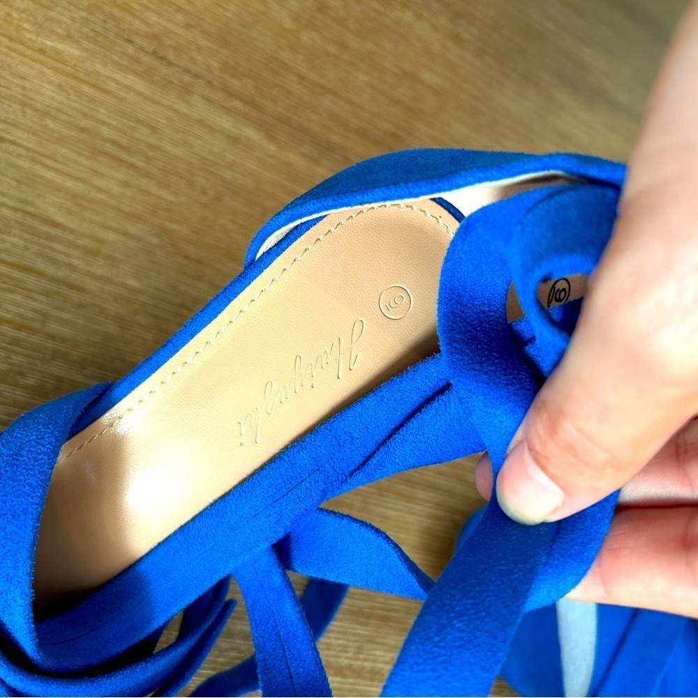 Bold Blue Lace-Up Block Heel Sandals Women’s 9 – Suede Strappy Party Shoes NEW - Picture 10 of 15